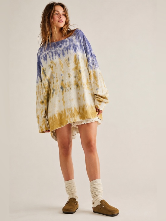 Free People Tops - Free People Oversized Waffle Knit Tie Dye Thermal Tunic Top Medium Boho Cozy